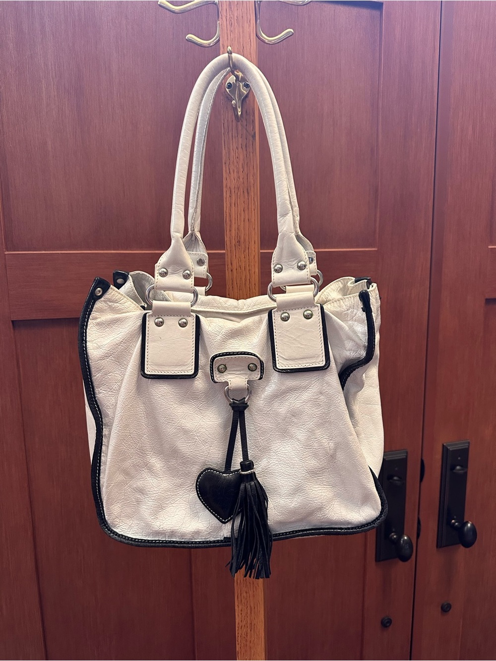 Leather White Shoulder Tote with Black Trim and Heart Tassel